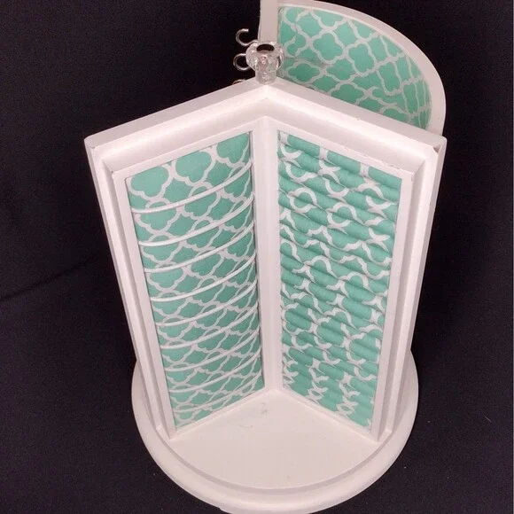 Pottery Barn Teen Rotating Spinning 3-sided White Teal Jewelry Organizer Box